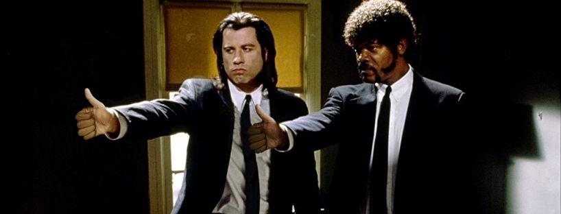 scene from Pulp Fiction, with Jules and Vincent photoshopped as giving thumbs-ups instead of pointing guns